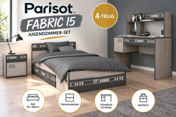 Parisot Fabric 15 Jugendzimmer Set 4-teilig – Bett 90x200 mit 3 Bettschubkästen, Schreibtisch & Nachttisch in Grau