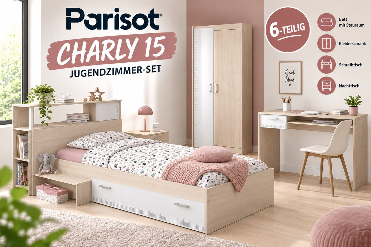 Parisot Charly 15 Jugendzimmer Set 6-teilig – Bett mit Stauraum, Anstellregal, Kleiderschrank, Schreibtisch & Nachttisch