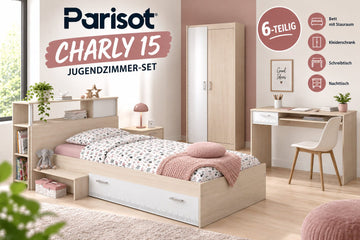Parisot Charly 15 Jugendzimmer Set 6-teilig – Bett mit Stauraum, Anstellregal, Kleiderschrank, Schreibtisch & Nachttisch