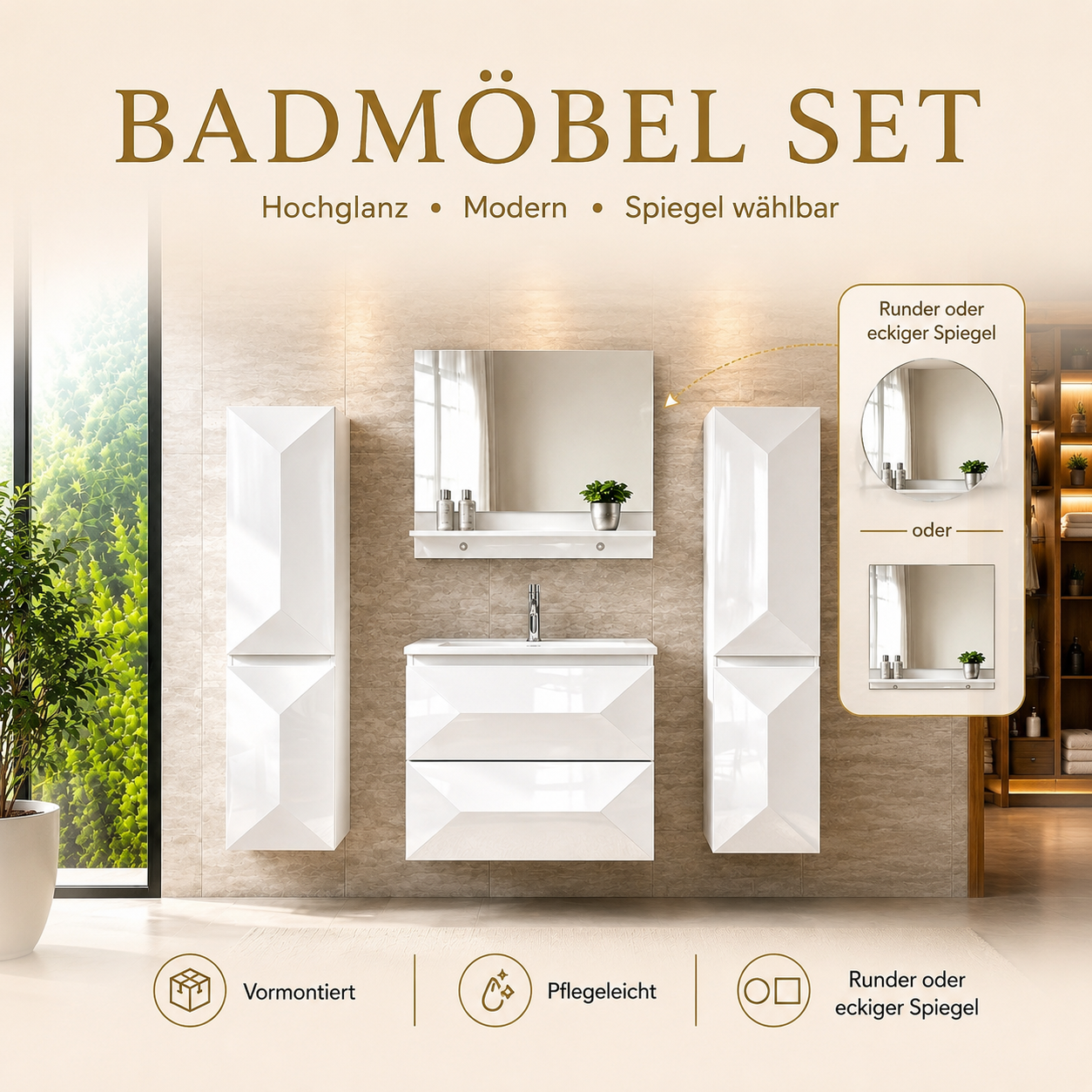 Miran Badmöbel-Set 60 cm Weiß – mit rundem oder eckigem Spiegel & 0–2 Seitenschränken