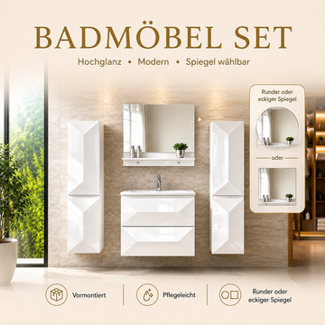 Miran Badmöbel-Set 60 cm Weiß – mit rundem oder eckigem Spiegel & 0–2 Seitenschränken