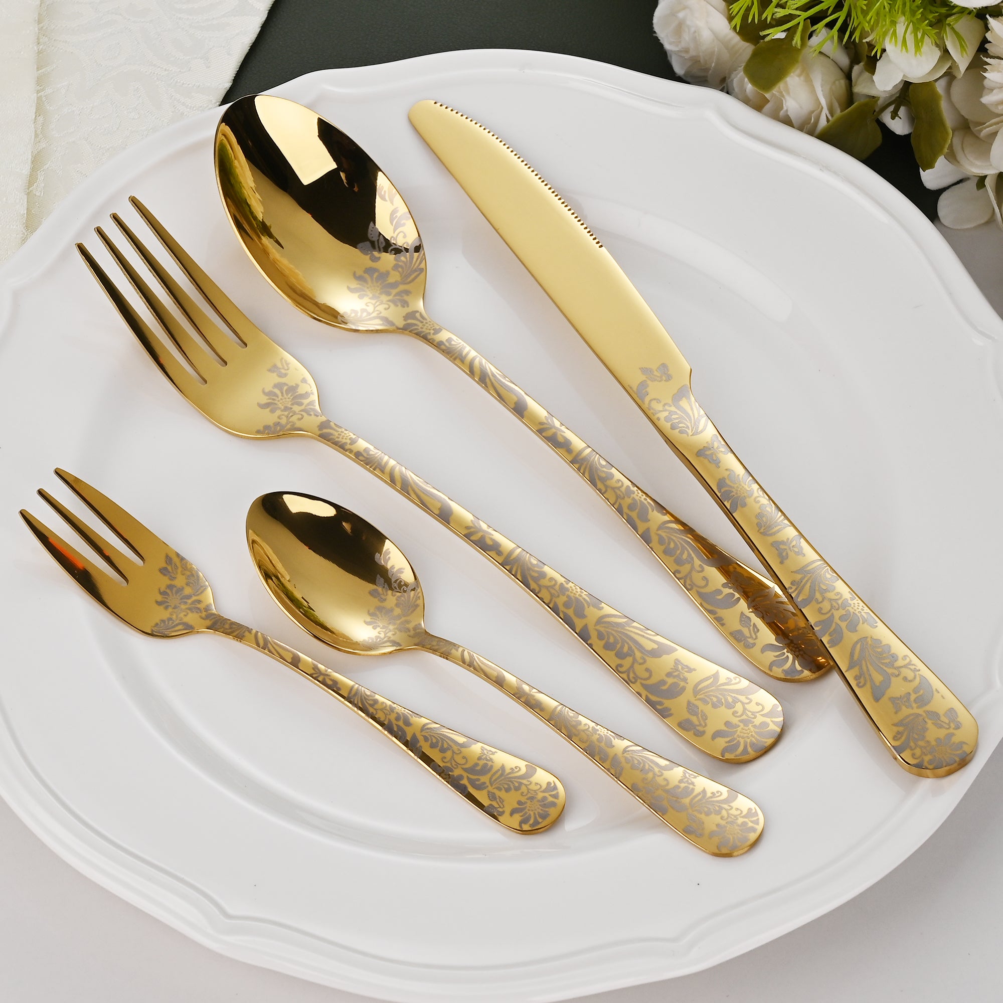Faizee Home FLORA Edelstahl-Besteckset 30-teilig – Elegantes Ornament-Design – Für Alltag, Gäste & festliche Anlässe