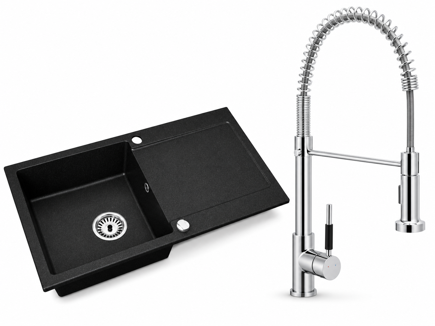 Granitspüle Element mit Abtropffläche – Einbauspüle beidseitig montierbar, inkl. Siphon Mit Armatur