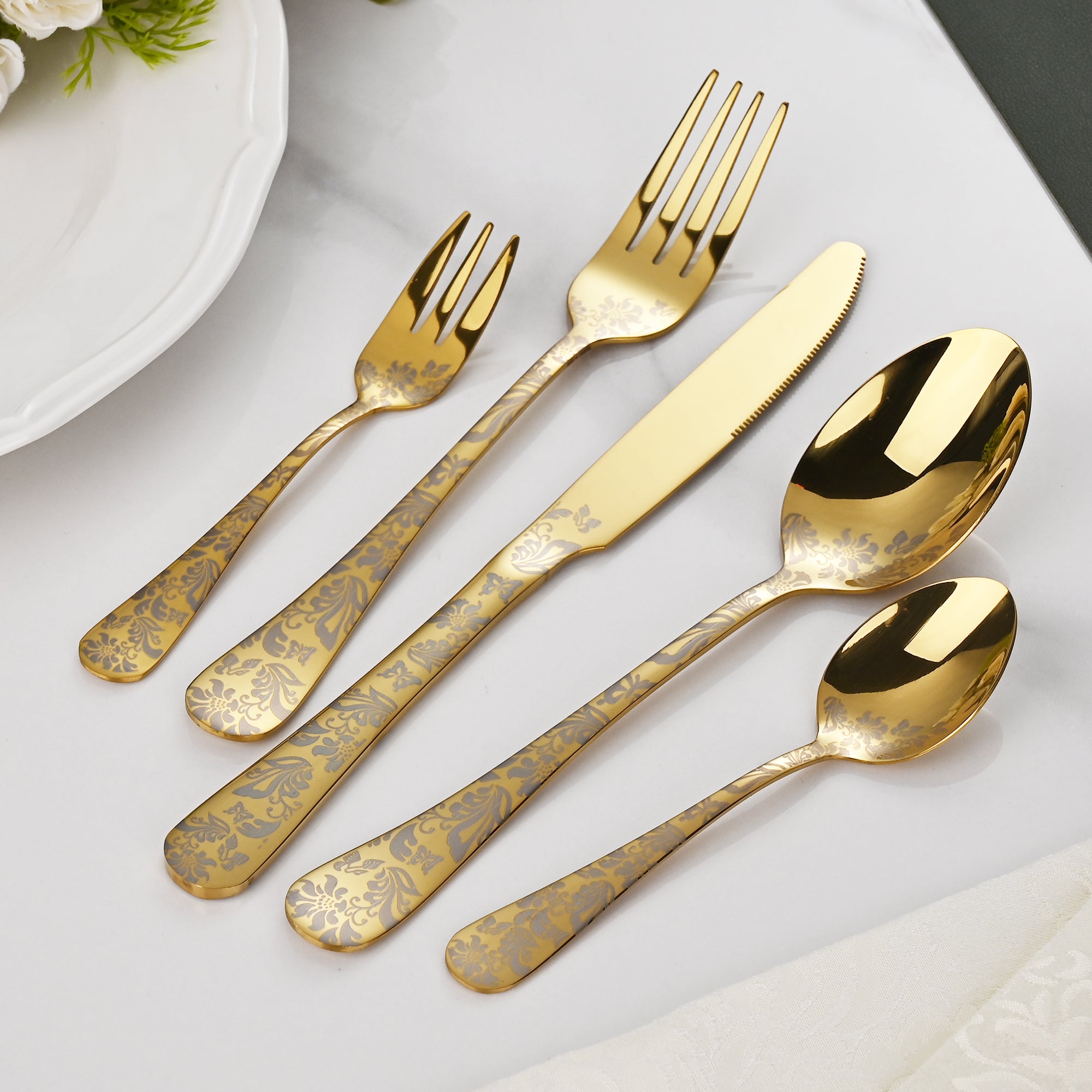 Faizee Home FLORA Edelstahl-Besteckset 30-teilig – Elegantes Ornament-Design – Für Alltag, Gäste & festliche Anlässe