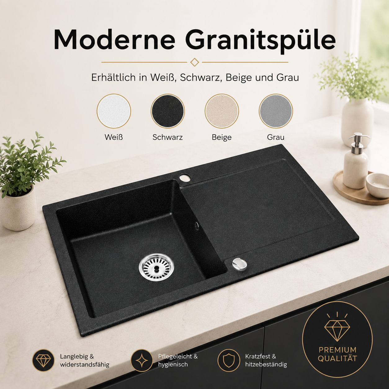 Granitspüle Element 90x50 cm mit Abtropffläche – Einbauspüle beidseitig montierbar, inkl. Siphon
