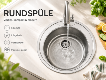 Faizee Home Edelstahl-Rundspüle Ø 51 cm – Mit Küchenarmatur, Siphon & Spülmaschinenanschluss