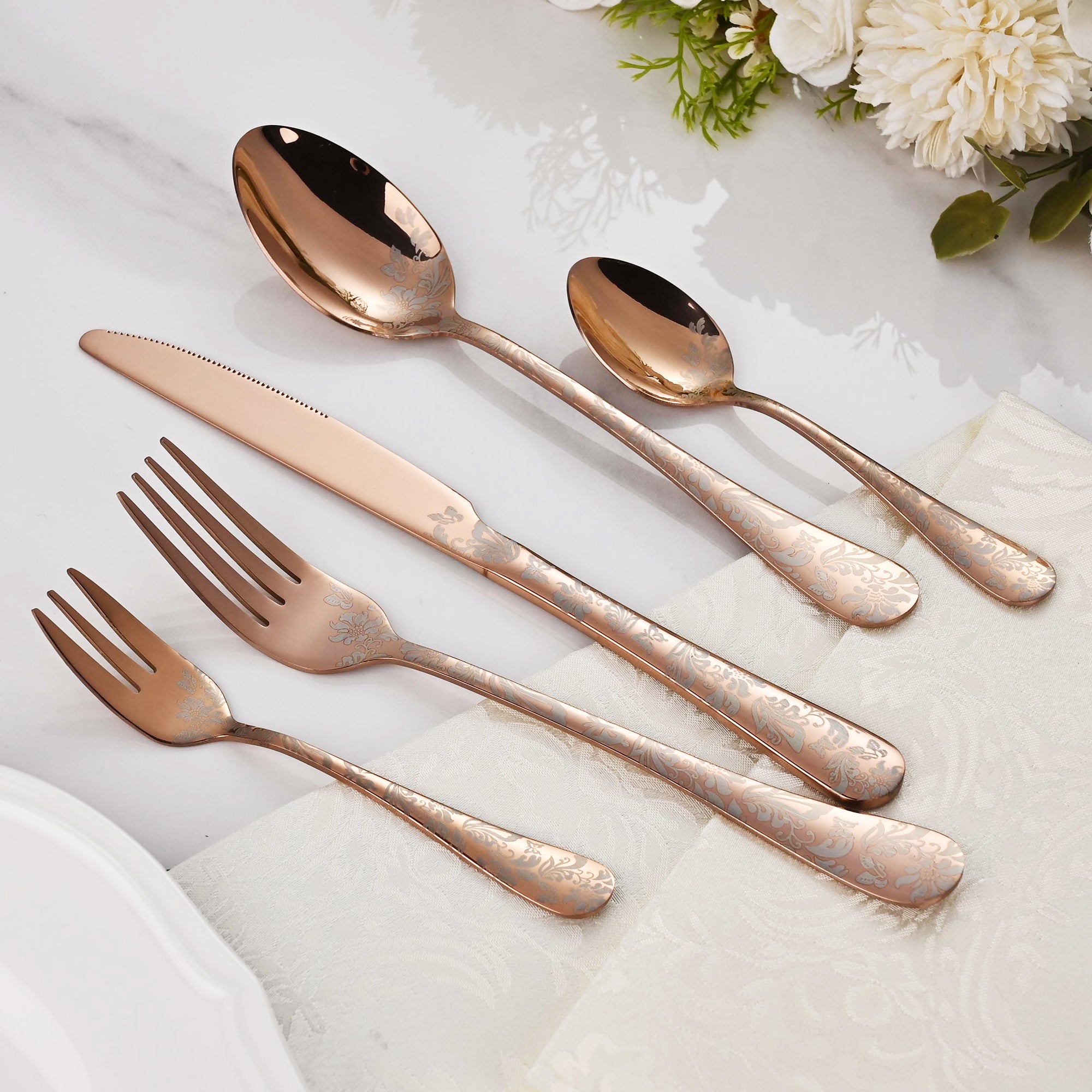 Faizee Home FLORA Edelstahl-Besteckset 30-teilig – Elegantes Ornament-Design – Für Alltag, Gäste & festliche Anlässe