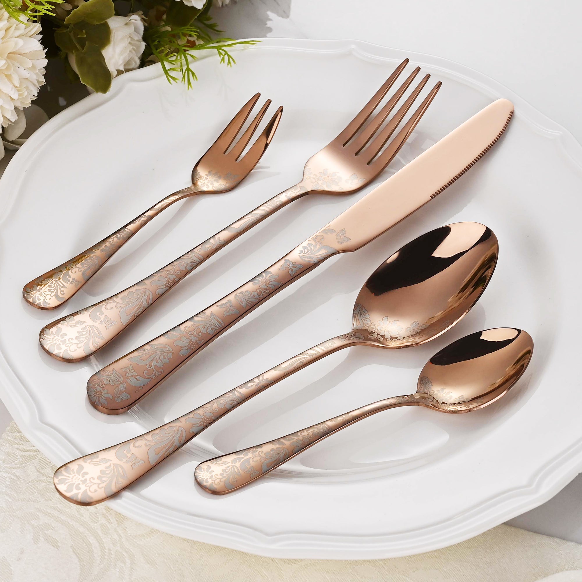 Faizee Home FLORA Edelstahl-Besteckset 30-teilig – Elegantes Ornament-Design – Für Alltag, Gäste & festliche Anlässe