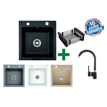 Granit-Spülbecken 48x50 + Geschirrkorb – mit/ohne Armatur + Siphon-Set