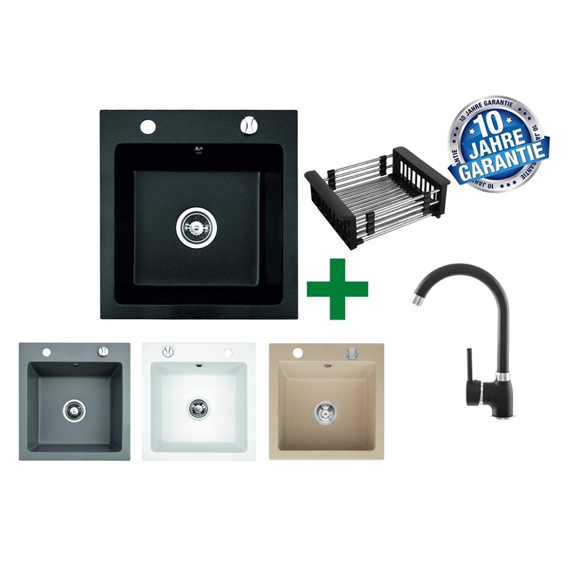 Granit-Spülbecken 48x50 + Geschirrkorb – mit/ohne Armatur + Siphon-Set