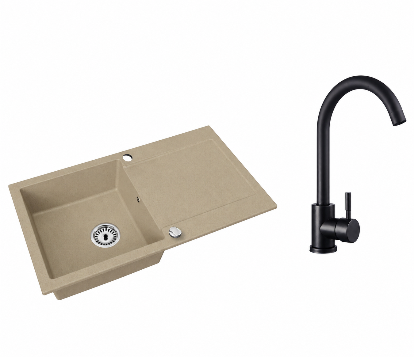 Granitspüle Element mit Abtropffläche – Einbauspüle beidseitig montierbar, inkl. Siphon Mit Armatur
