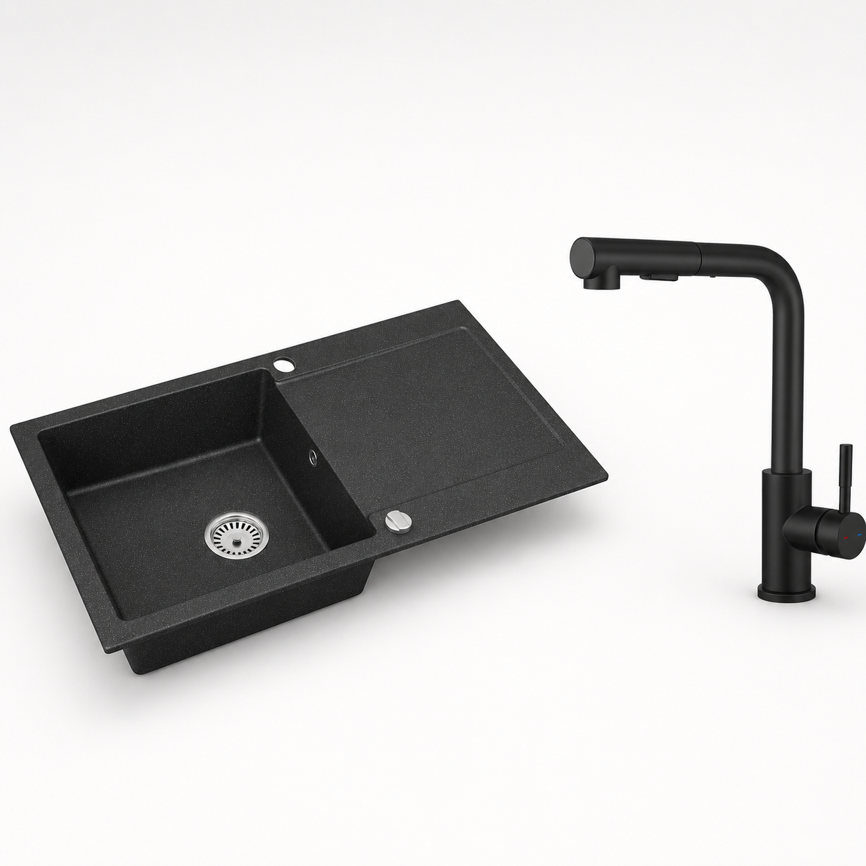 Granitspüle Element mit Abtropffläche – Einbauspüle beidseitig montierbar, inkl. Siphon Mit Armatur
