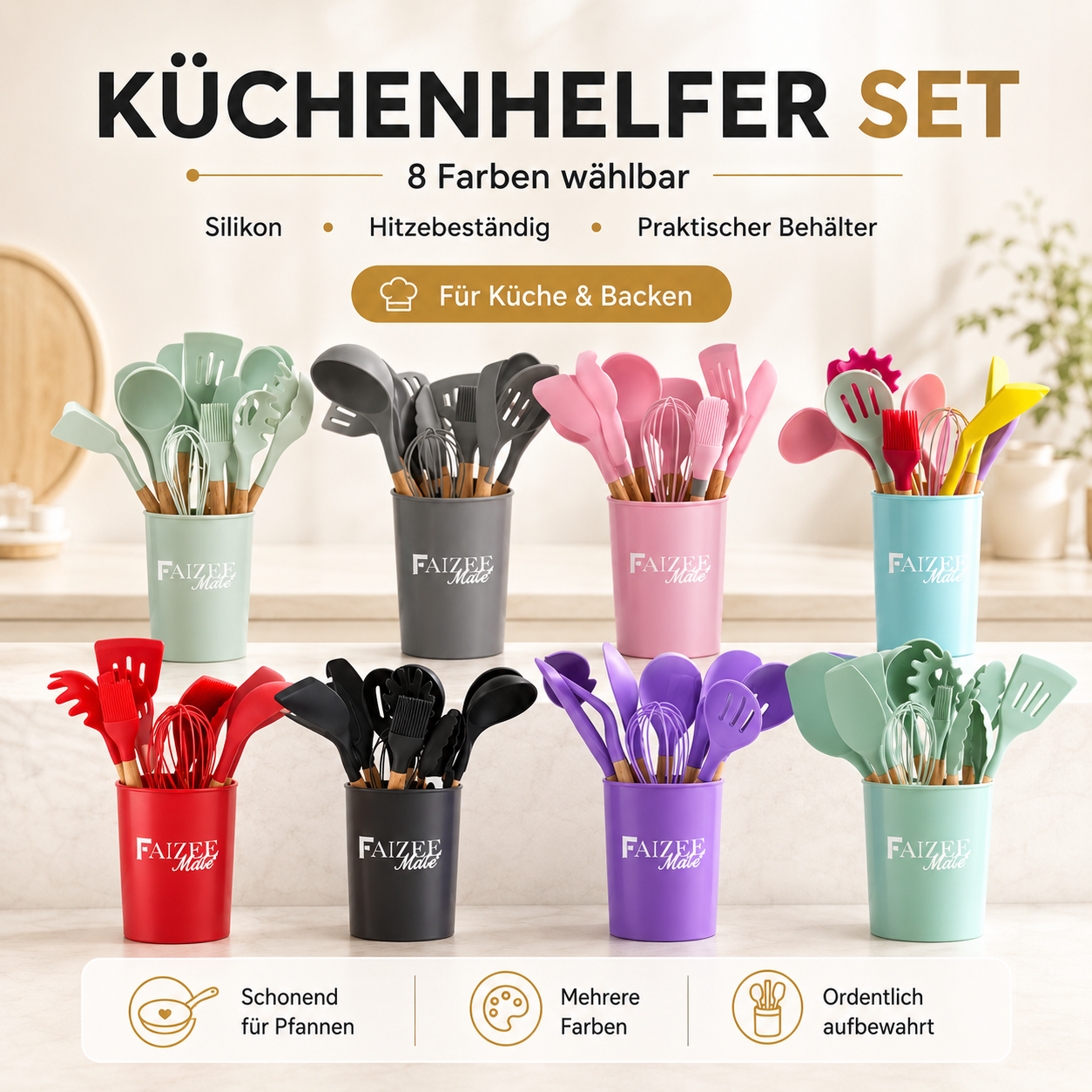 Faizee Möbel Küchenhelfer Set 12-teilig – Silikon Kochbesteck mit Holzgriff & Utensilienhalter | Hitzebeständig bis 231 °C