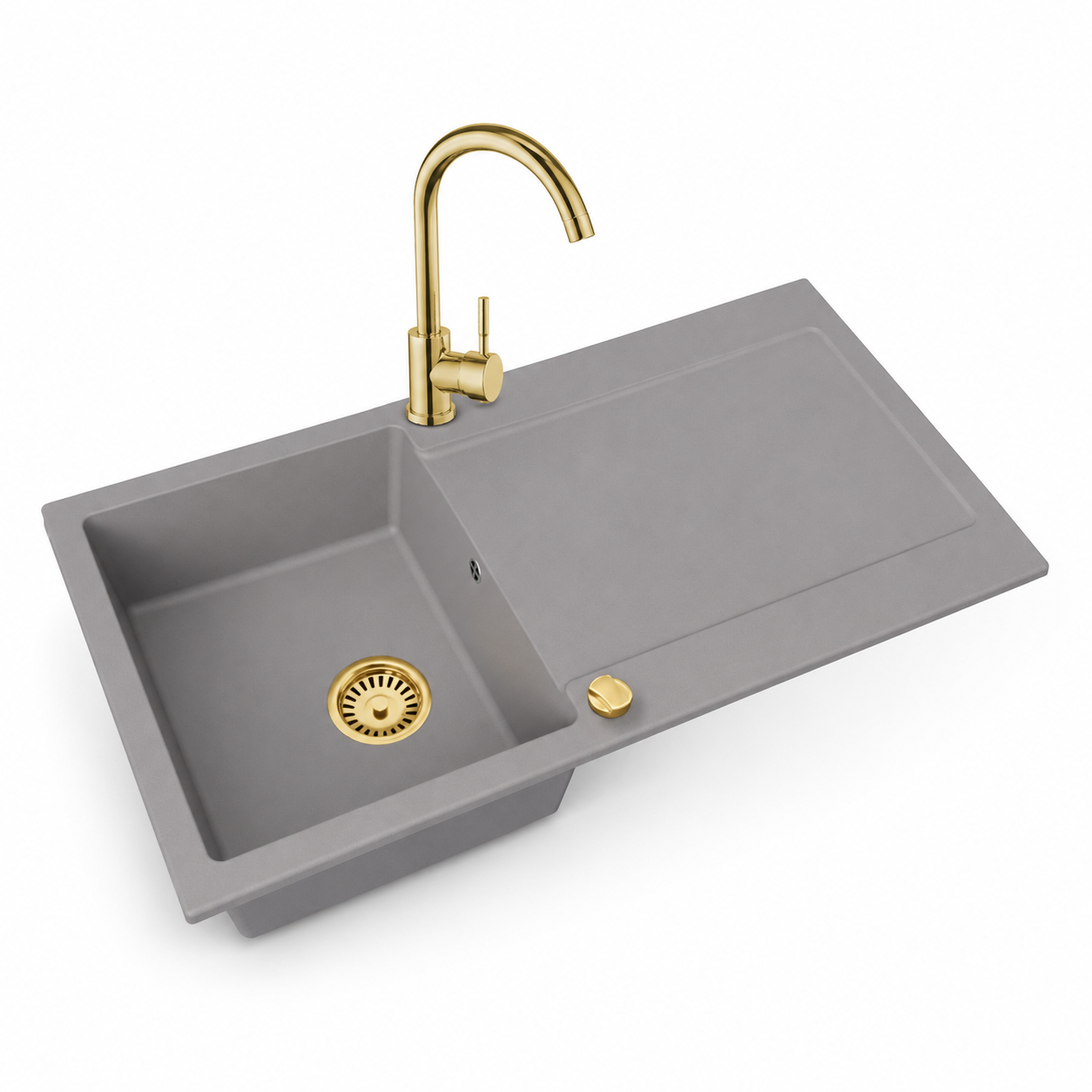 Faizee Home Granitspüle Element 90x50 cm Komplettset mit Gold Armatur & Siphon – wählbar Genial oder Spiral