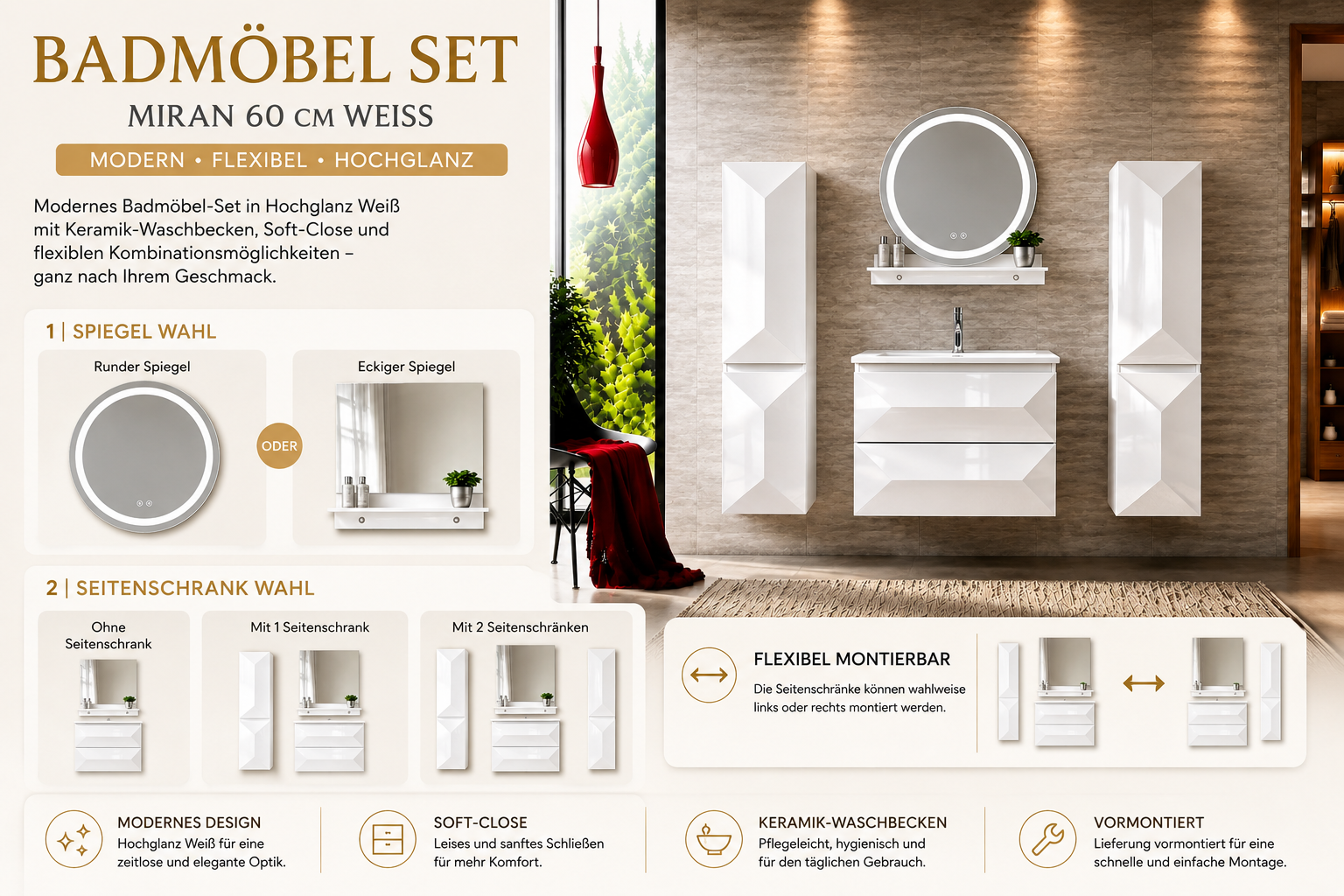 Miran Badmöbel-Set 60 cm Weiß – mit rundem oder eckigem Spiegel & 0–2 Seitenschränken