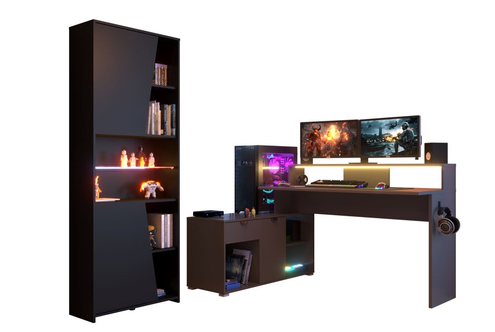 Parisot Work 2 Gaming Set XXL – Gaming-Schreibtisch mit Monitorbrücke, LED & Stauraum-Regal