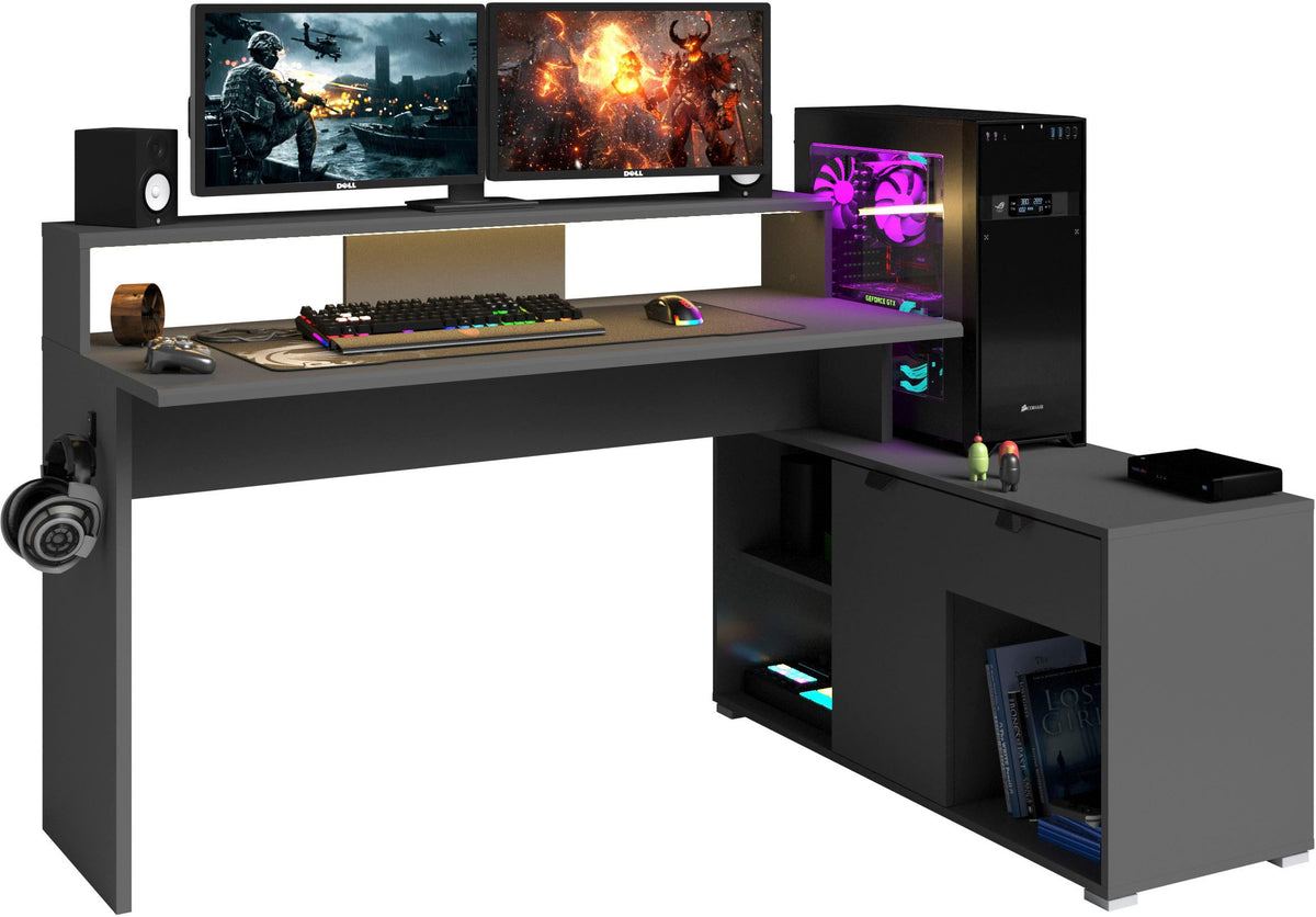 Parisot Work 11 Gaming Tisch 2-teilig – Gaming Eckschreibtisch mit LED Farbwechsel, Headsethalter & Fächern
