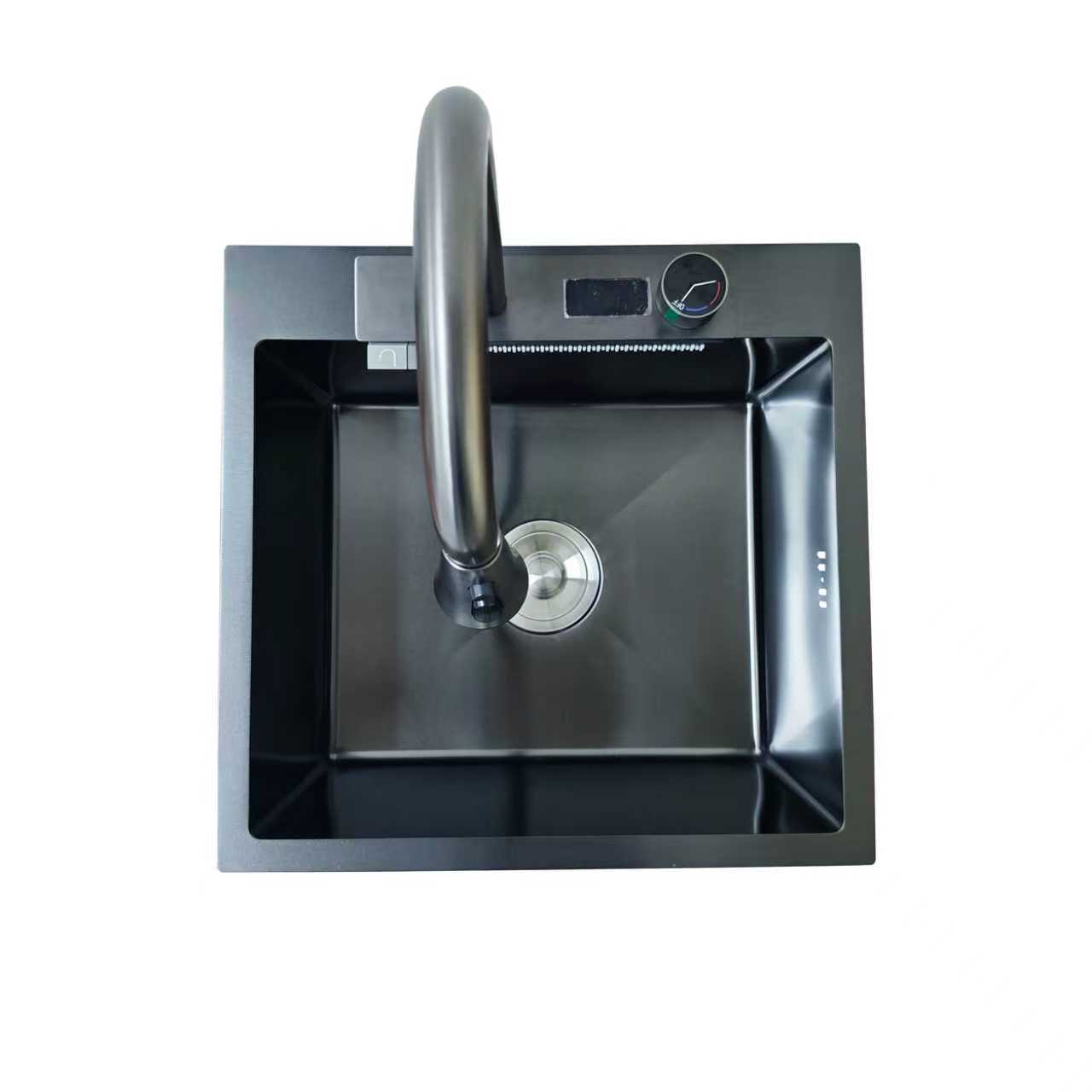 Faizee Home Inox Küchenspüle 50 × 48 cm Schwarz – Edelstahlspüle mit integrierter Armatur & Bedienfeld