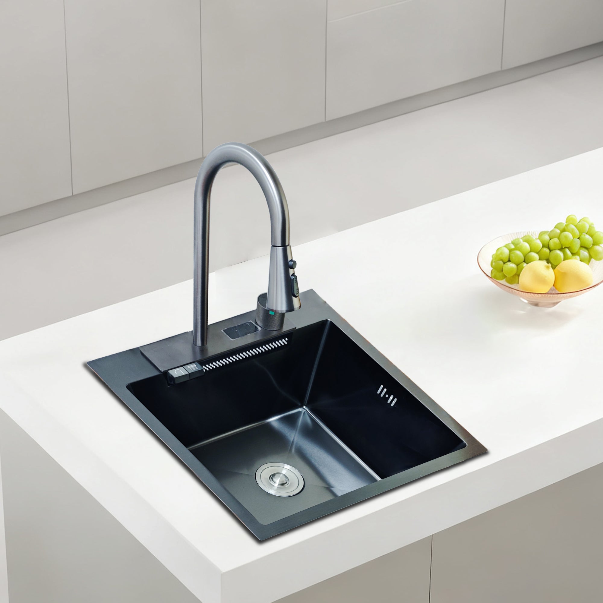 Inox Edelstahlspüle Schwarz 50x48 cm – Küchenspüle mit Armatur & Siphon-Set | Einbauspüle Küche