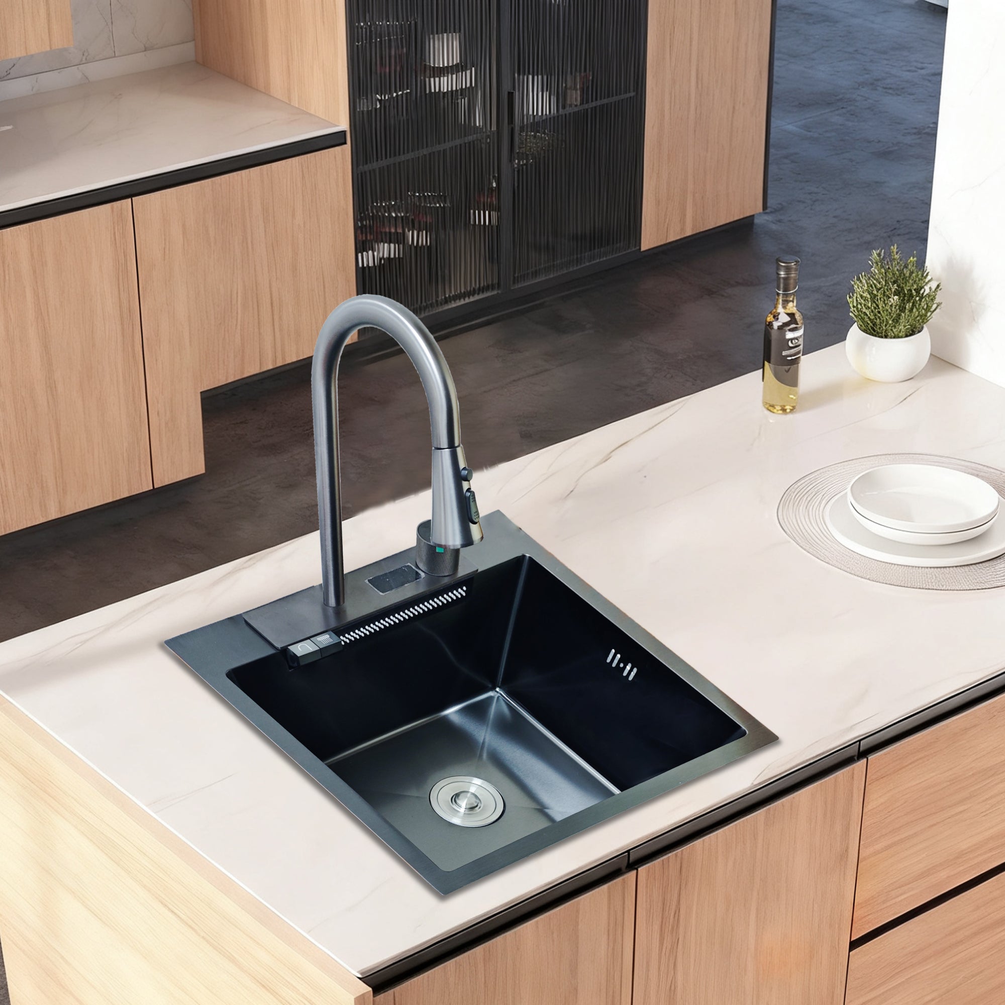 Inox Edelstahlspüle Schwarz 50x48 cm – Küchenspüle mit Armatur & Siphon-Set | Einbauspüle Küche