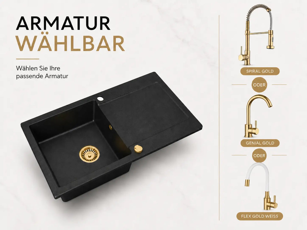 Granitspüle Alisha 75 x 43,5 cm mit Armaturenauswahl Gold – inkl. Siphon-Set