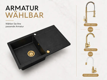 Granitspüle Alisha 75 x 43,5 cm mit Armaturenauswahl Gold – inkl. Siphon-Set