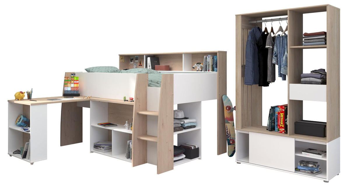 Parisot Lucas 11 Hochbett 90x200 cm mit Schreibtisch & Schrank