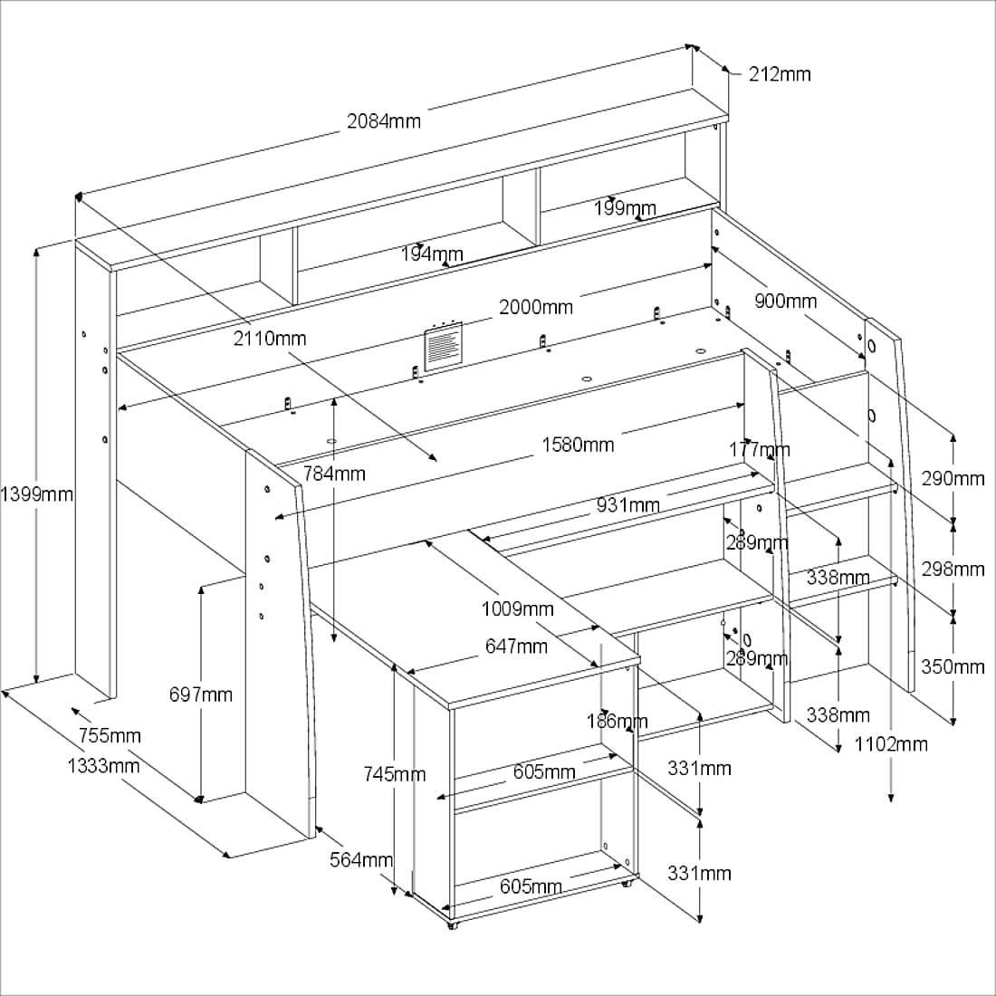 Parisot Lucas 11 Hochbett 90x200 cm mit Schreibtisch & Schrank