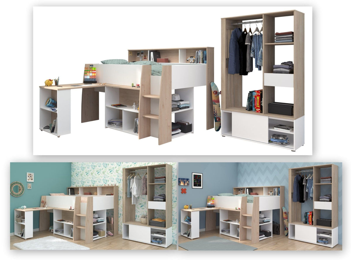 Parisot Lucas 11 Hochbett 90x200 cm mit Schreibtisch & Schrank
