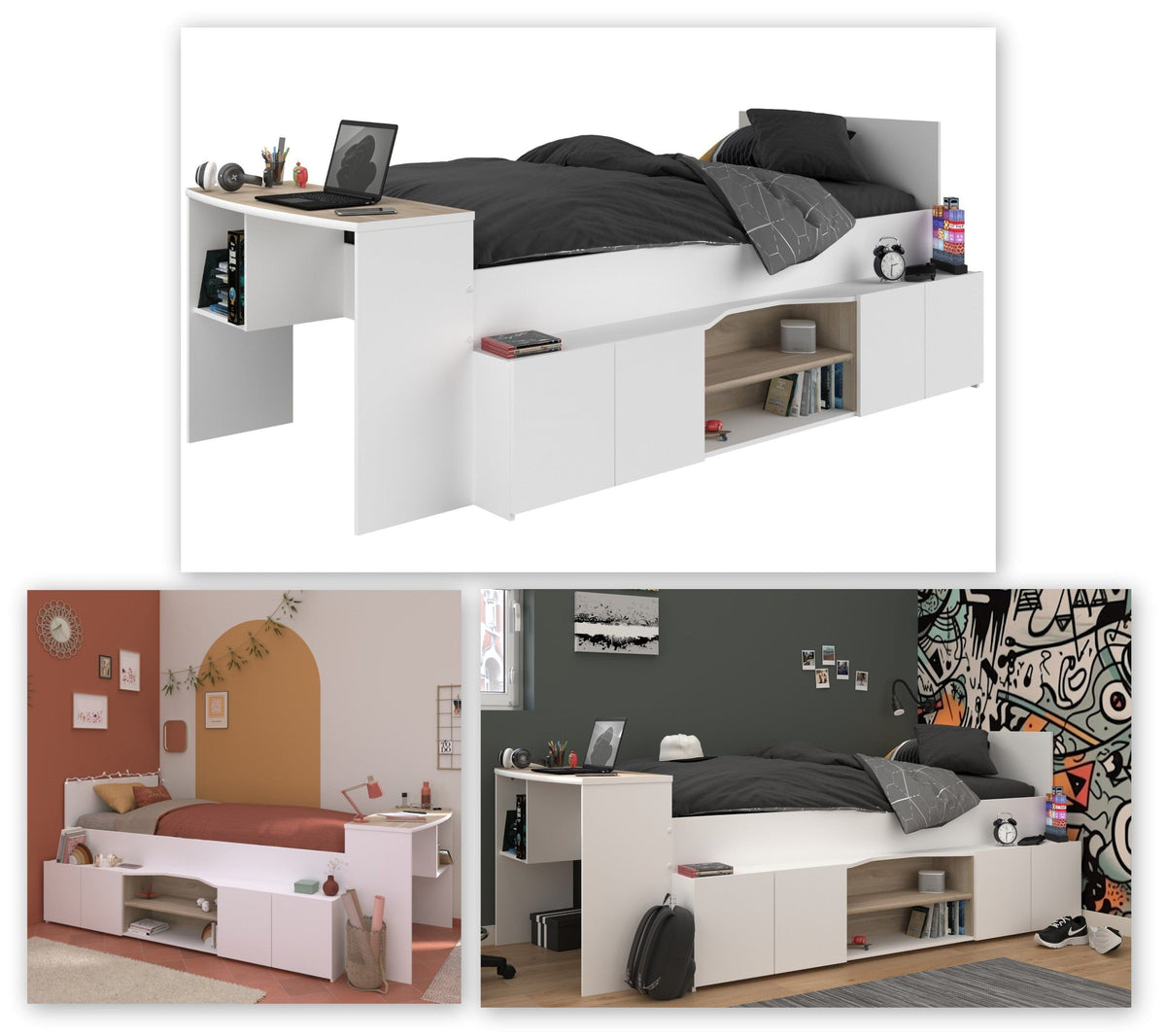 Parisot Cleo1 Funktions-Hochbett 90x200 cm mit Schreibtisch Weiß