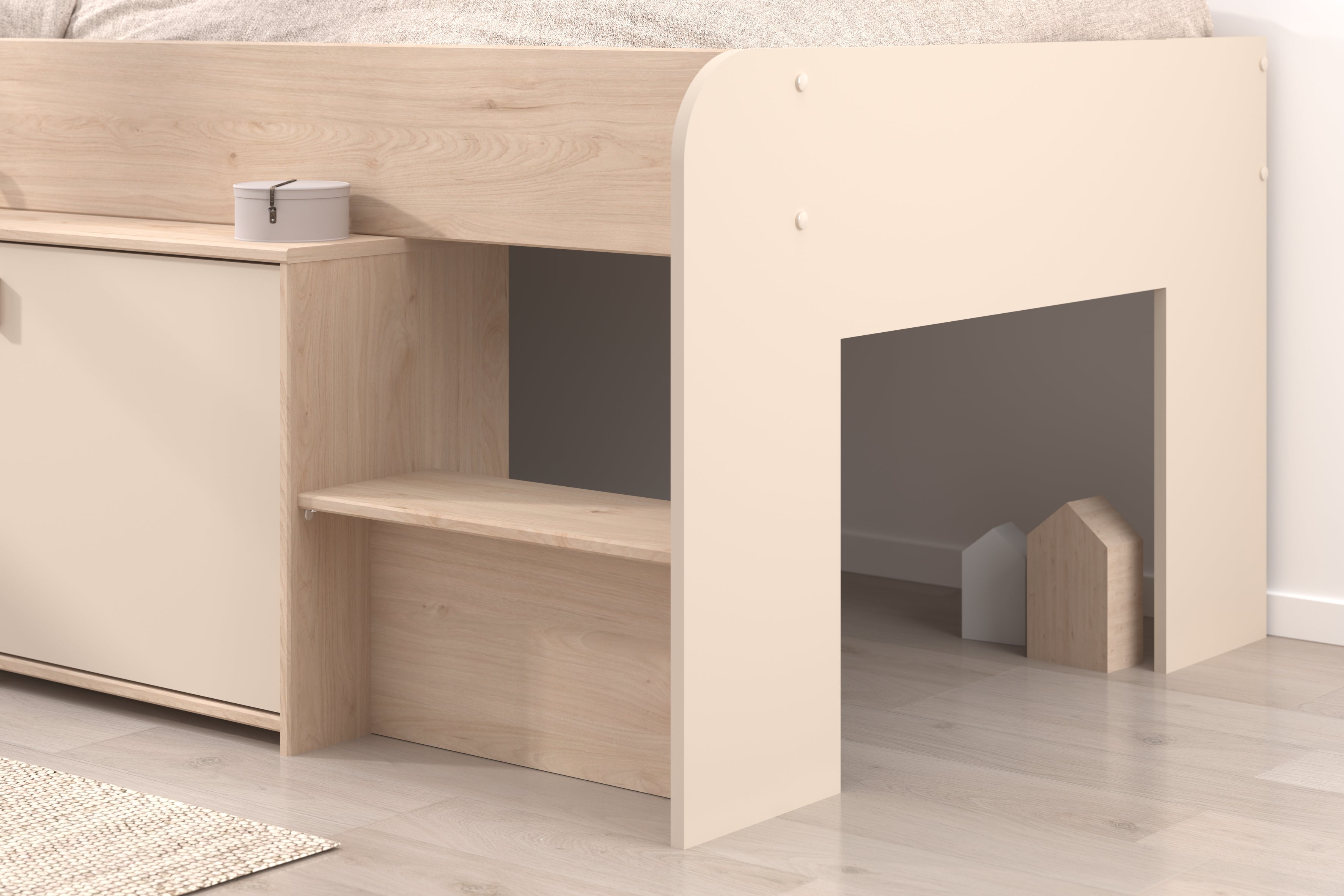 Parisot - Cache 1 | Hochbett 90x200 Kinderbett mit viel Stauraum, Schublade & Türen | Inkl. Ablagefächer | Modernes Jugendbett Holz