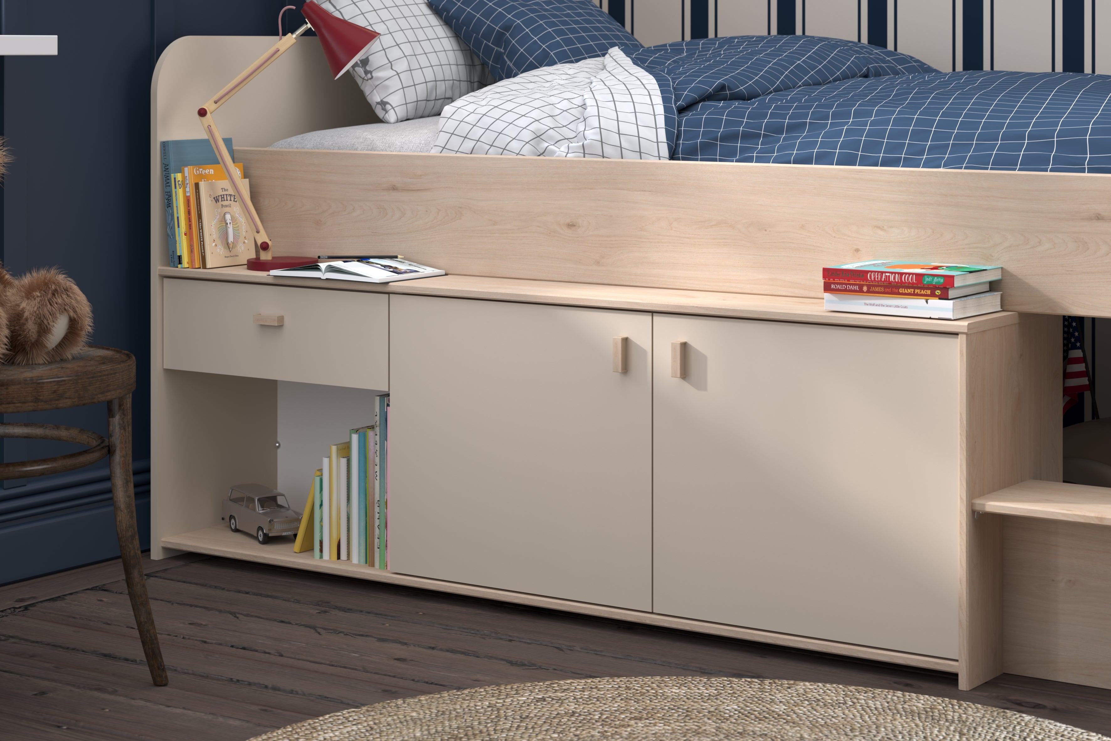 Parisot - Cache 1 | Hochbett 90x200 Kinderbett mit viel Stauraum, Schublade & Türen | Inkl. Ablagefächer | Modernes Jugendbett Holz