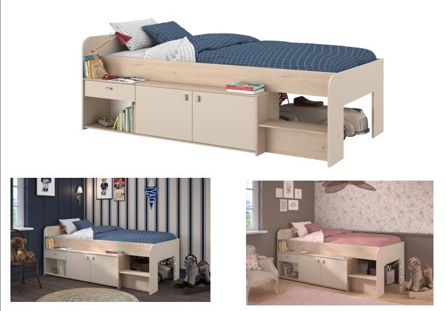 Parisot - Cache 1 | Hochbett 90x200 Kinderbett mit viel Stauraum, Schublade & Türen | Inkl. Ablagefächer | Modernes Jugendbett Holz