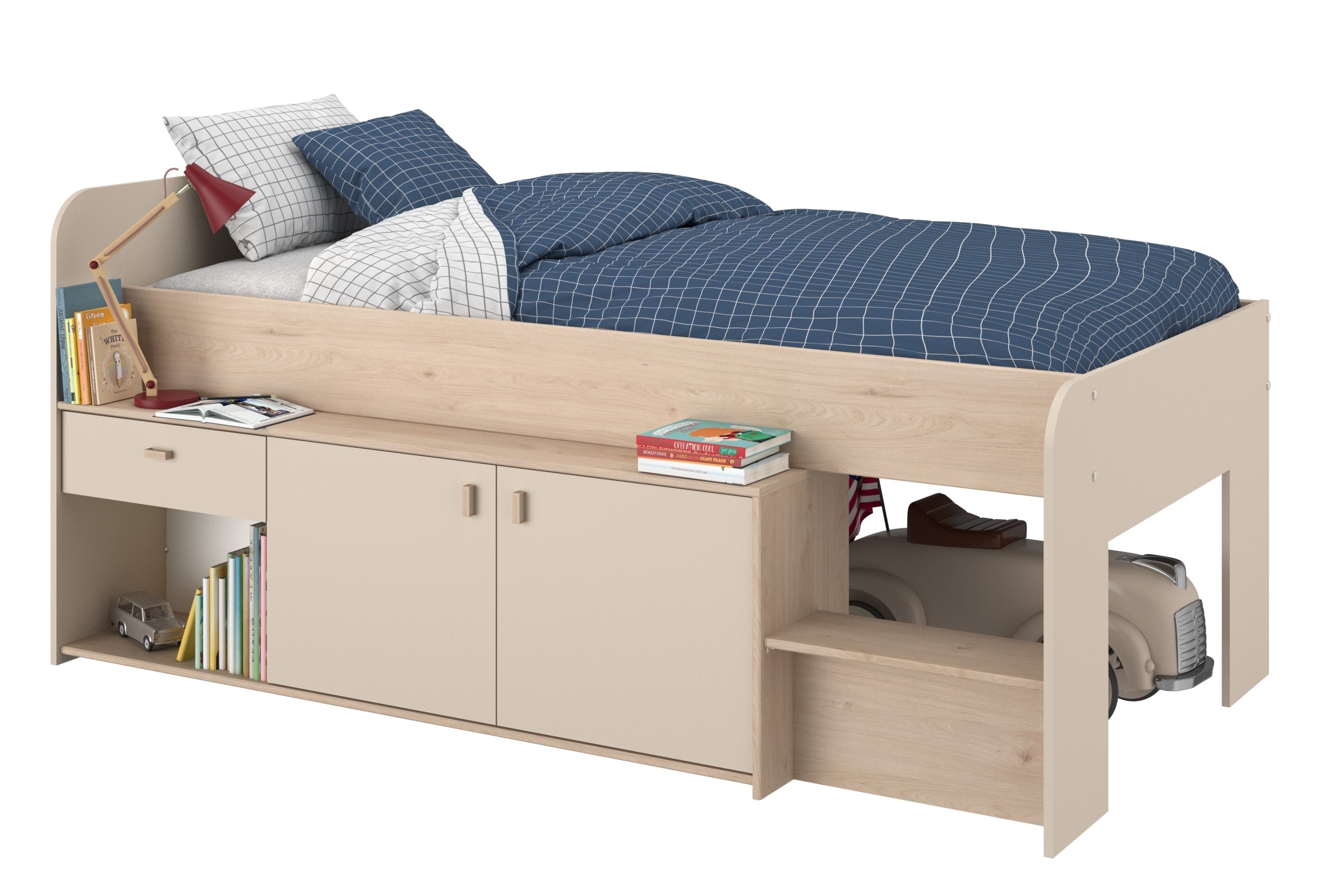 Parisot - Cache 1 | Hochbett 90x200 Kinderbett mit viel Stauraum, Schublade & Türen | Inkl. Ablagefächer | Modernes Jugendbett Holz