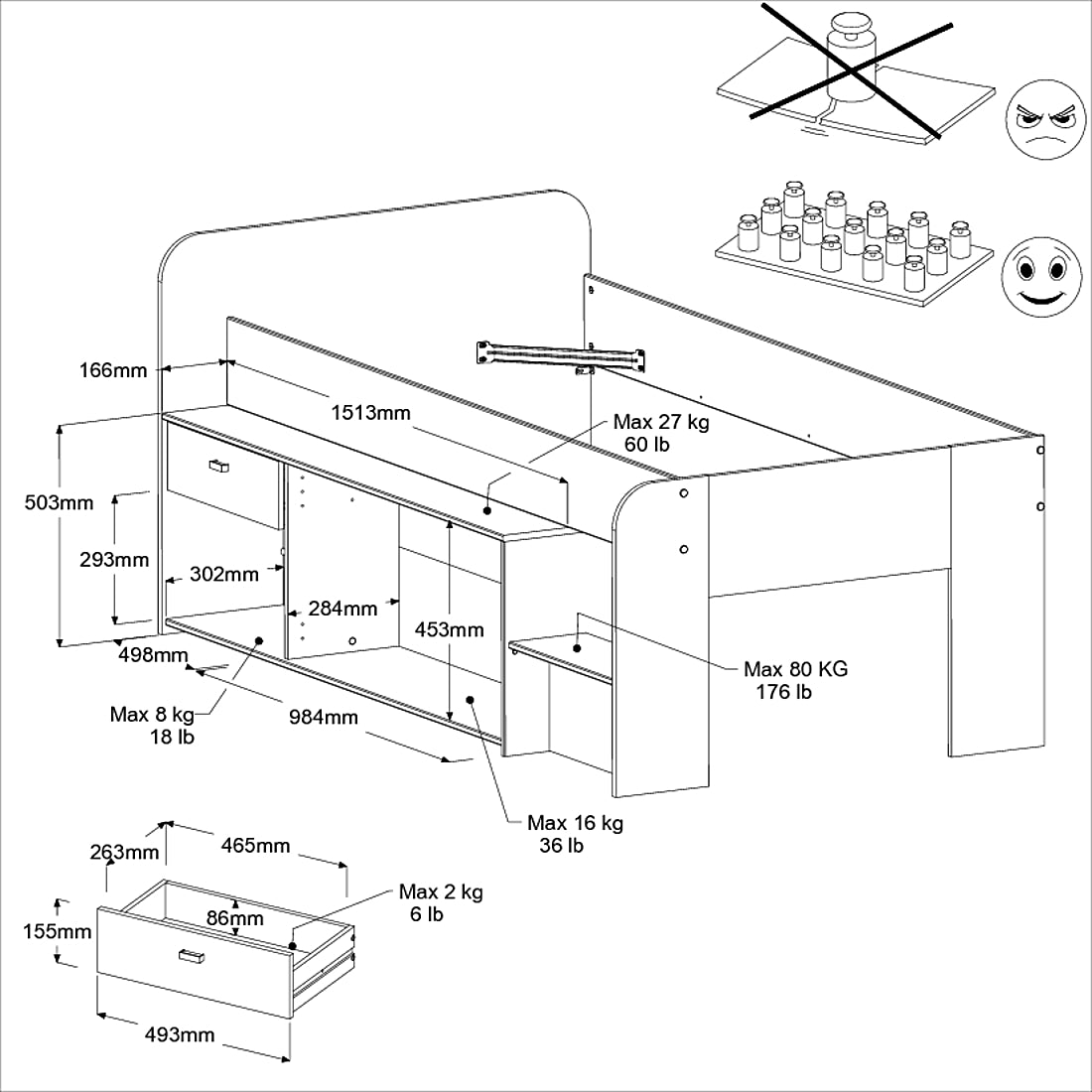 Parisot - Cache 1 | Hochbett 90x200 Kinderbett mit viel Stauraum, Schublade & Türen | Inkl. Ablagefächer | Modernes Jugendbett Holz