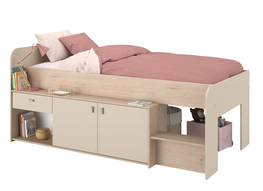 Parisot - Cache 1 |  Funktionsbett 90x200 cm – Kinderbett mit Stauraum, Schrankfächern und Schublade