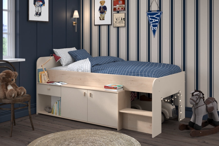 Parisot - Cache 1 |  Funktionsbett 90x200 cm – Kinderbett mit Stauraum, Schrankfächern und Schublade