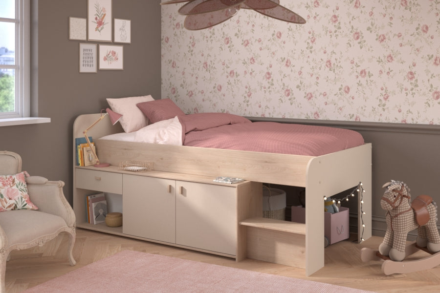 Parisot - Cache 1 |  Funktionsbett 90x200 cm – Kinderbett mit Stauraum, Schrankfächern und Schublade