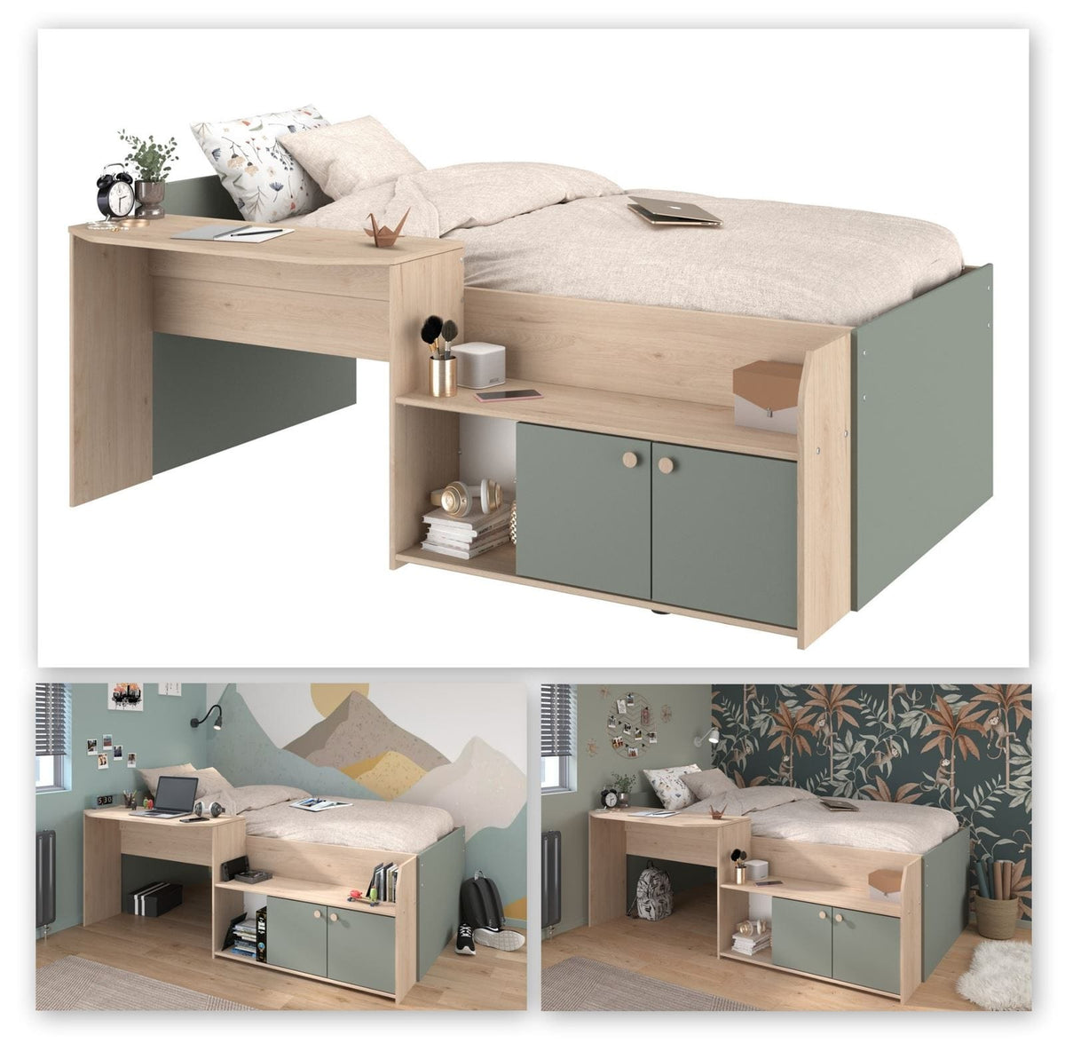 Parisot Jade Hochbett 90x200 cm mit Schreibtisch und Stauraum