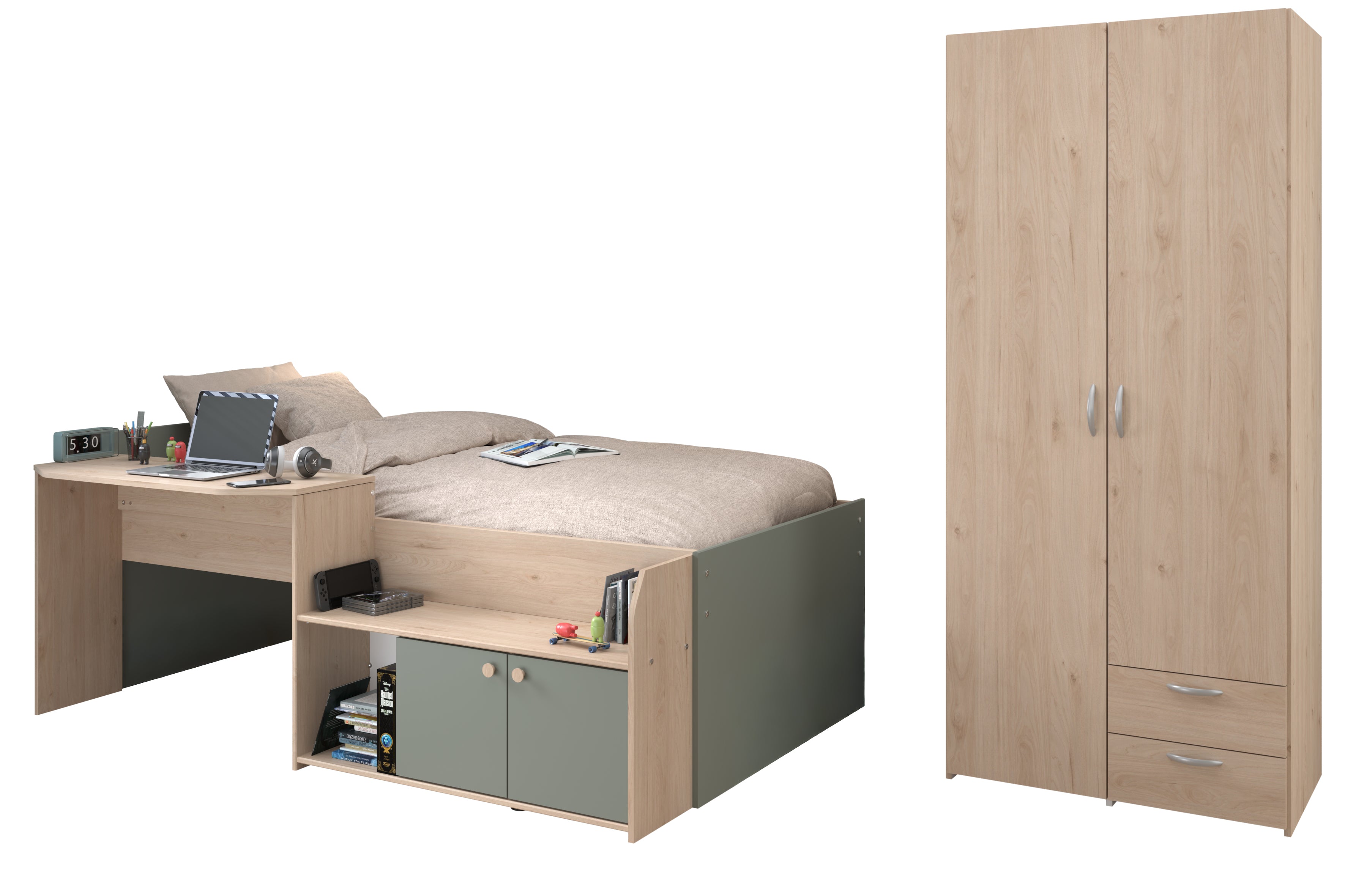 Parisot -  Jade 11 | Jugendzimmer-Set – Halbhochbett mit Schreibtisch & Kleiderschrank 90 x 200 cm