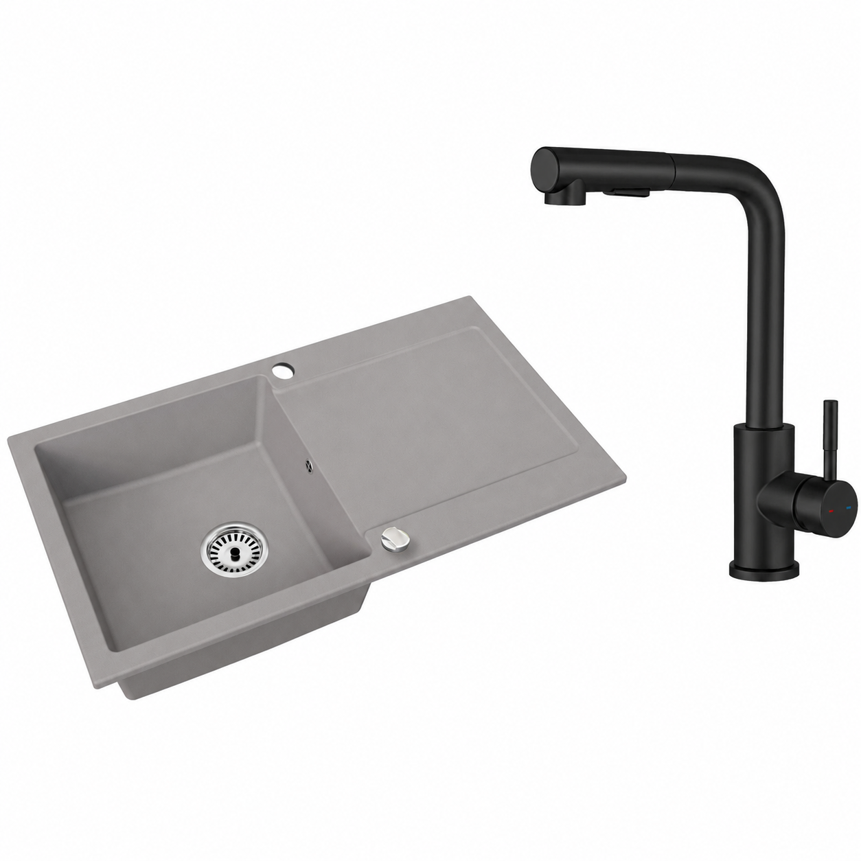 Granitspüle Element mit Abtropffläche – Einbauspüle beidseitig montierbar, inkl. Siphon Mit Armatur