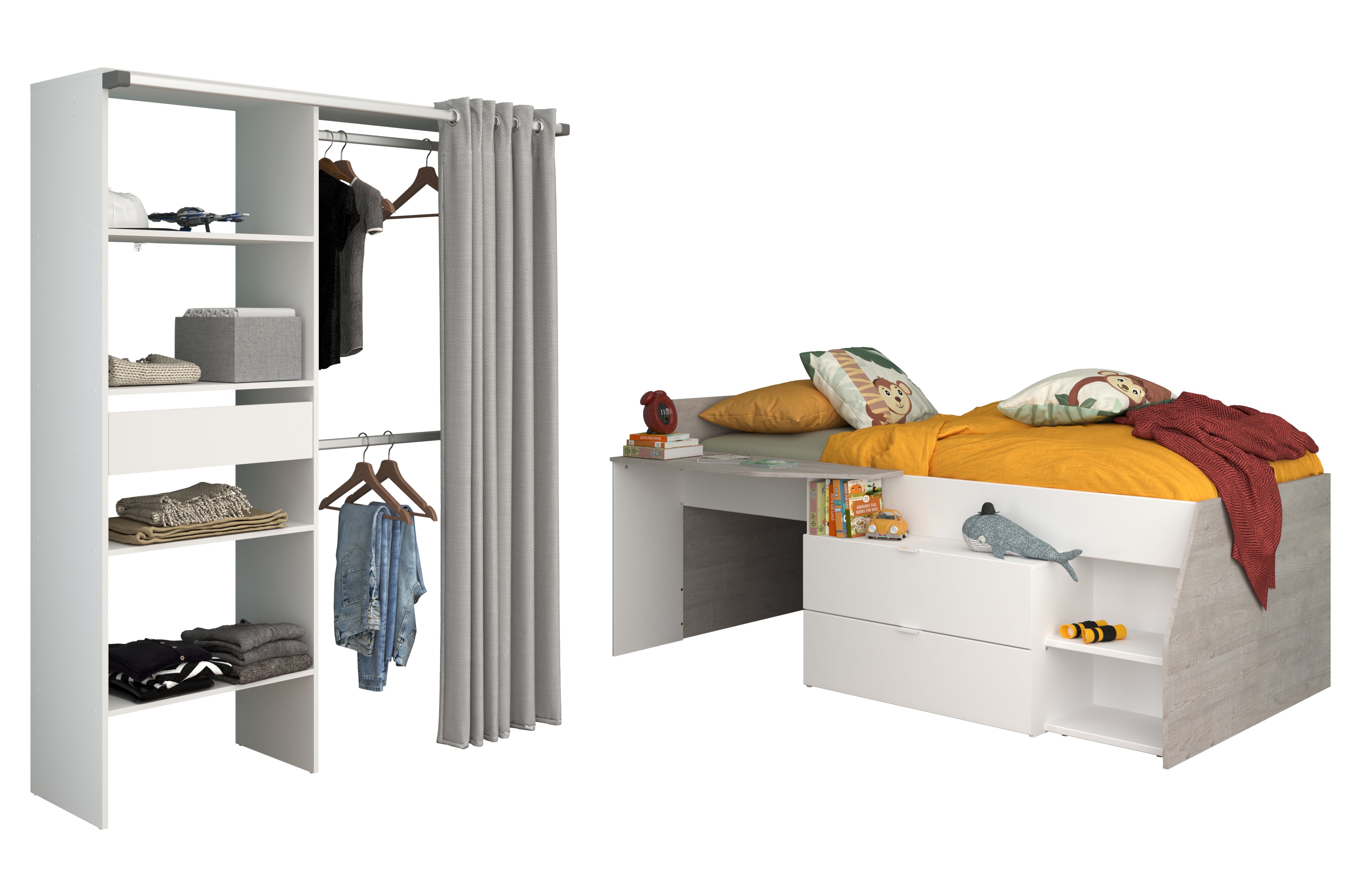 Parisot -  Milky 21 |  Jugendzimmer-Set – Hochbett mit Stauraum & Mehrzweckschrank 90 x 200 cm