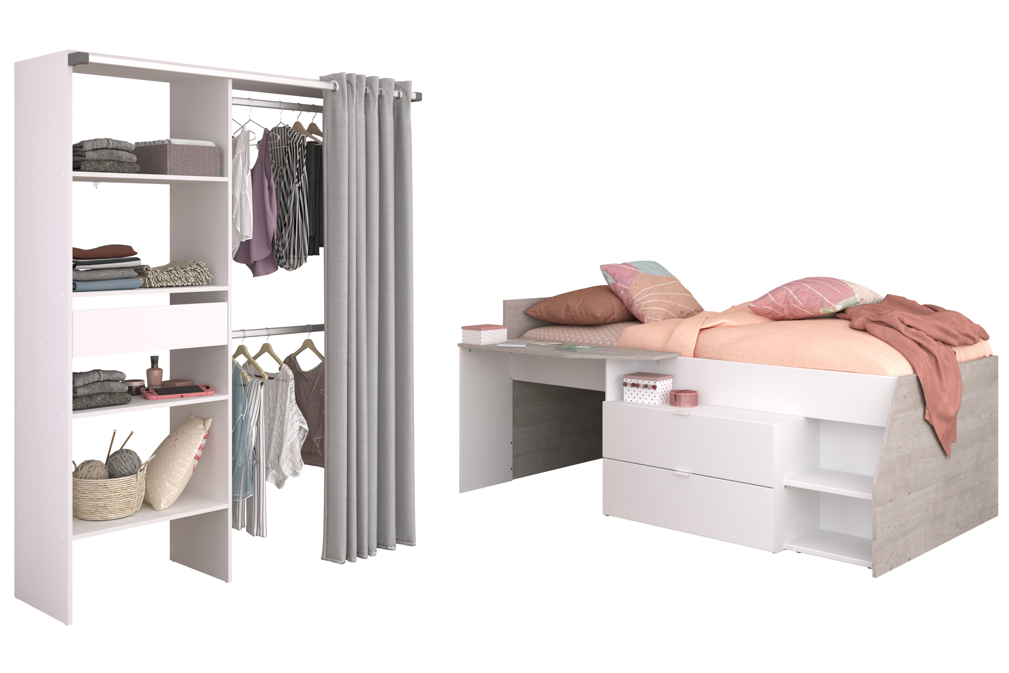 Parisot -  Milky 21 |  Jugendzimmer-Set – Hochbett mit Stauraum & Mehrzweckschrank 90 x 200 cm