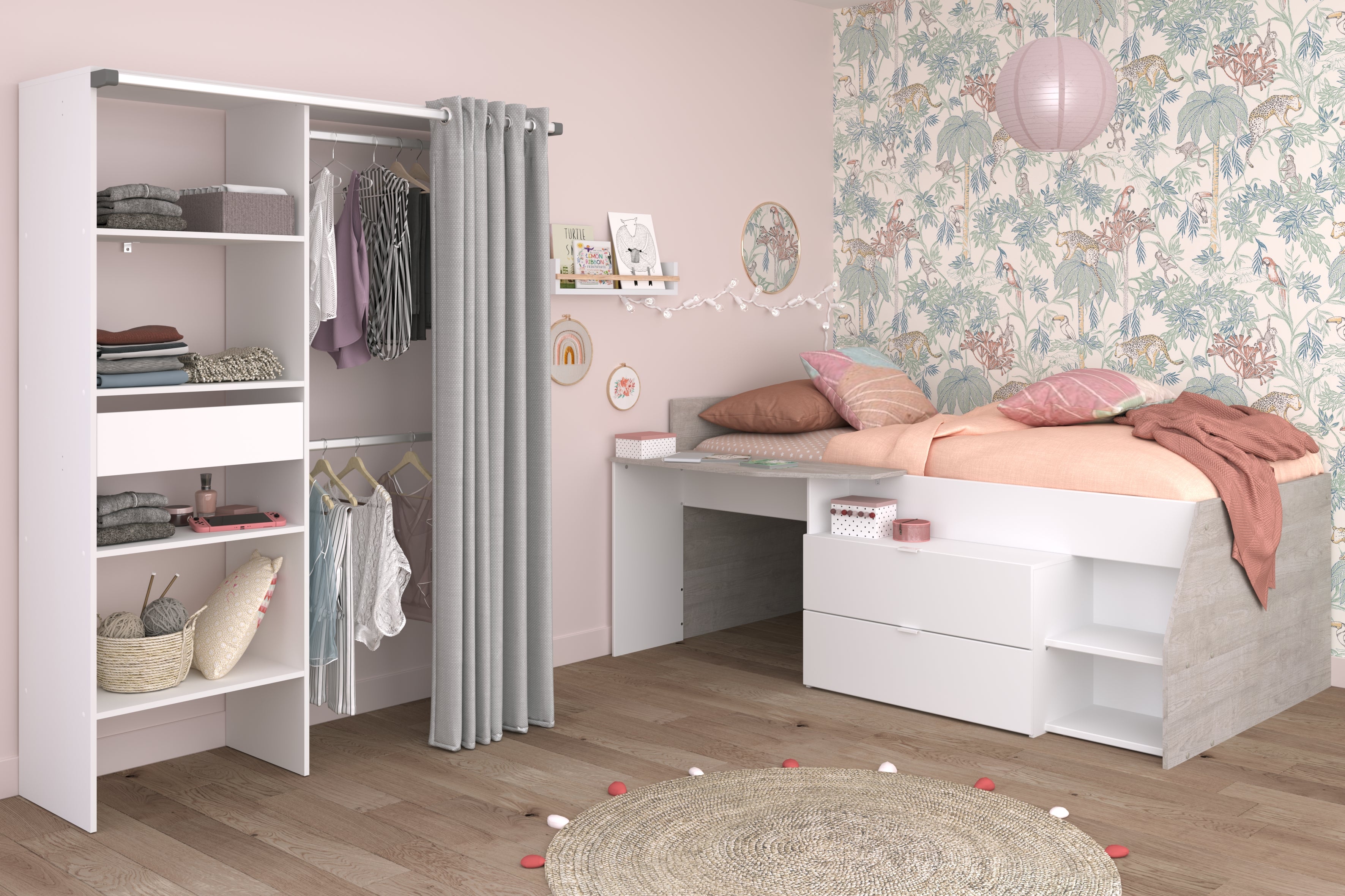 Parisot -  Milky 21 |  Jugendzimmer-Set – Hochbett mit Stauraum & Mehrzweckschrank 90 x 200 cm