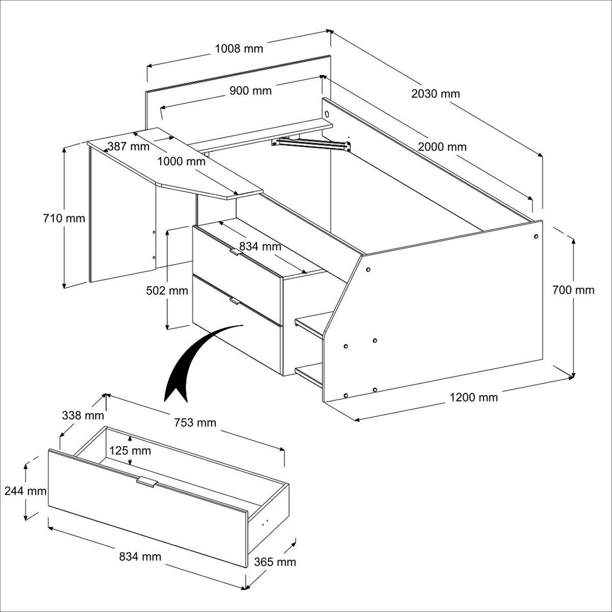 Parisot -  Milky 21 |  Jugendzimmer-Set – Hochbett mit Stauraum & Mehrzweckschrank 90 x 200 cm