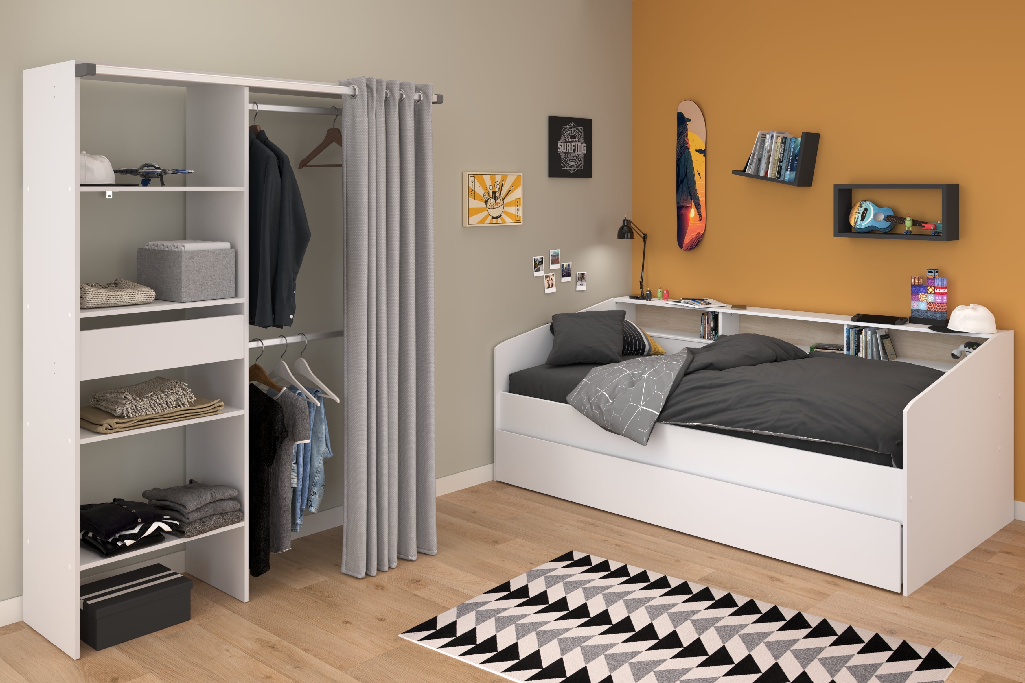 Parisot | Jugendzimmer-Set Sleep 11 | Bett 90x200 cm mit Regal, Bettschubkasten & Kleiderschrank