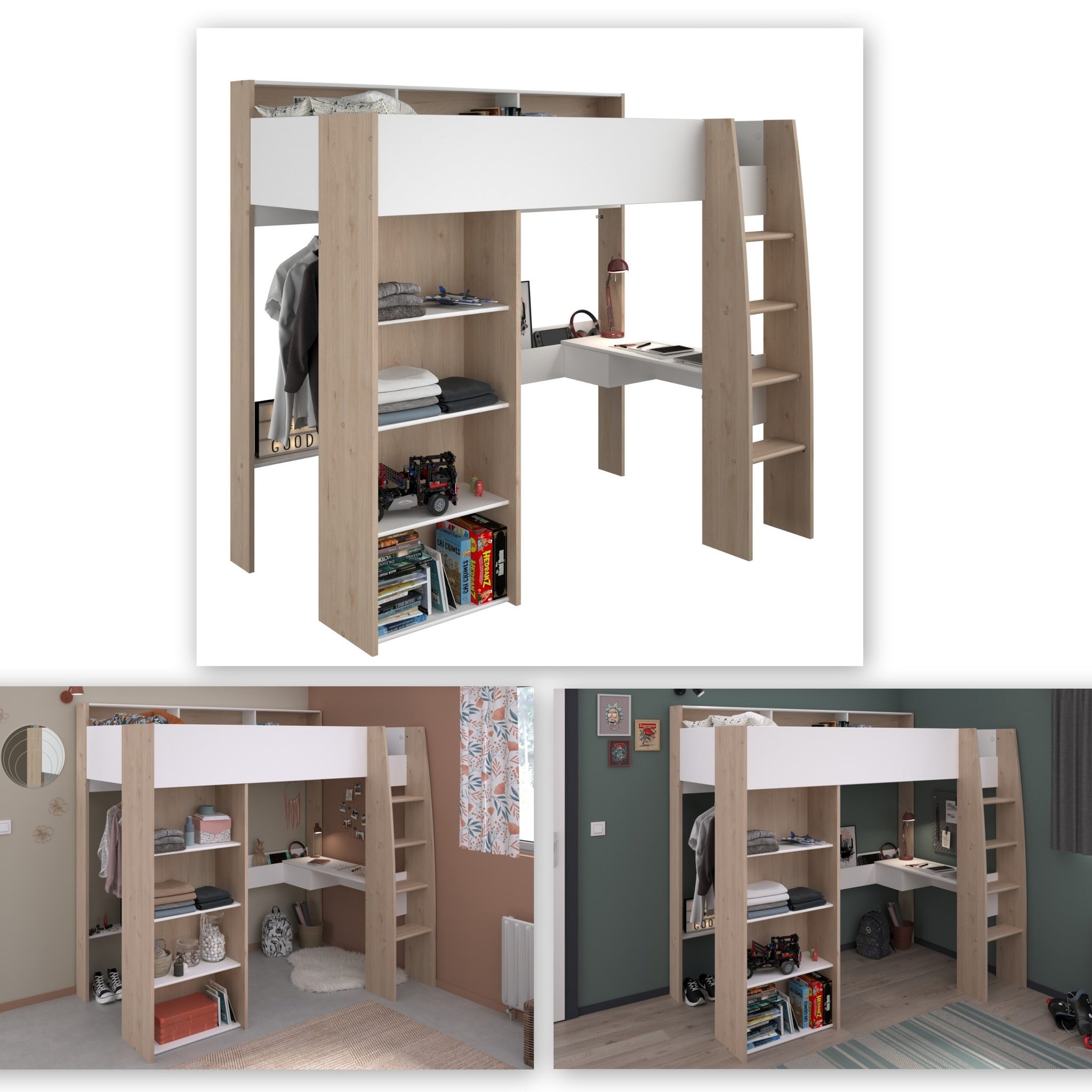 Shelter 11 Parisot Hochbett Kinderzimmer Eiche Jackson Nachbildung/Weiß 90x200