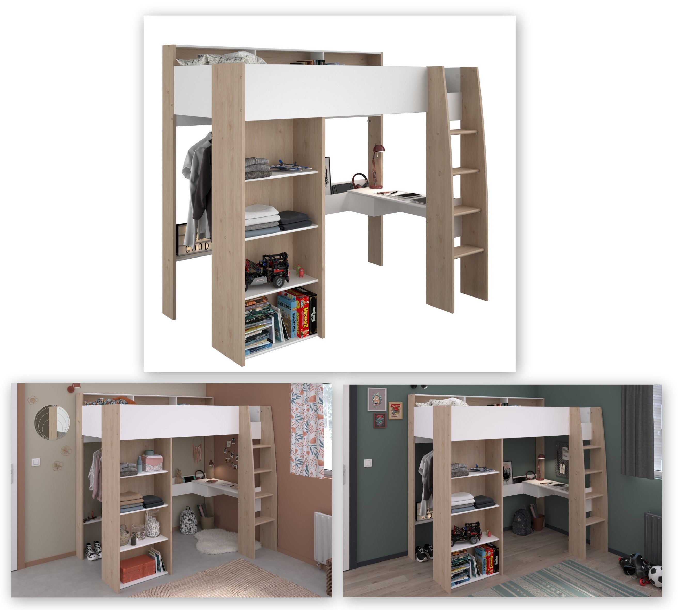 Shelter 11 Parisot Hochbett Kinderzimmer Eiche Jackson Nachbildung/Weiß 90x200