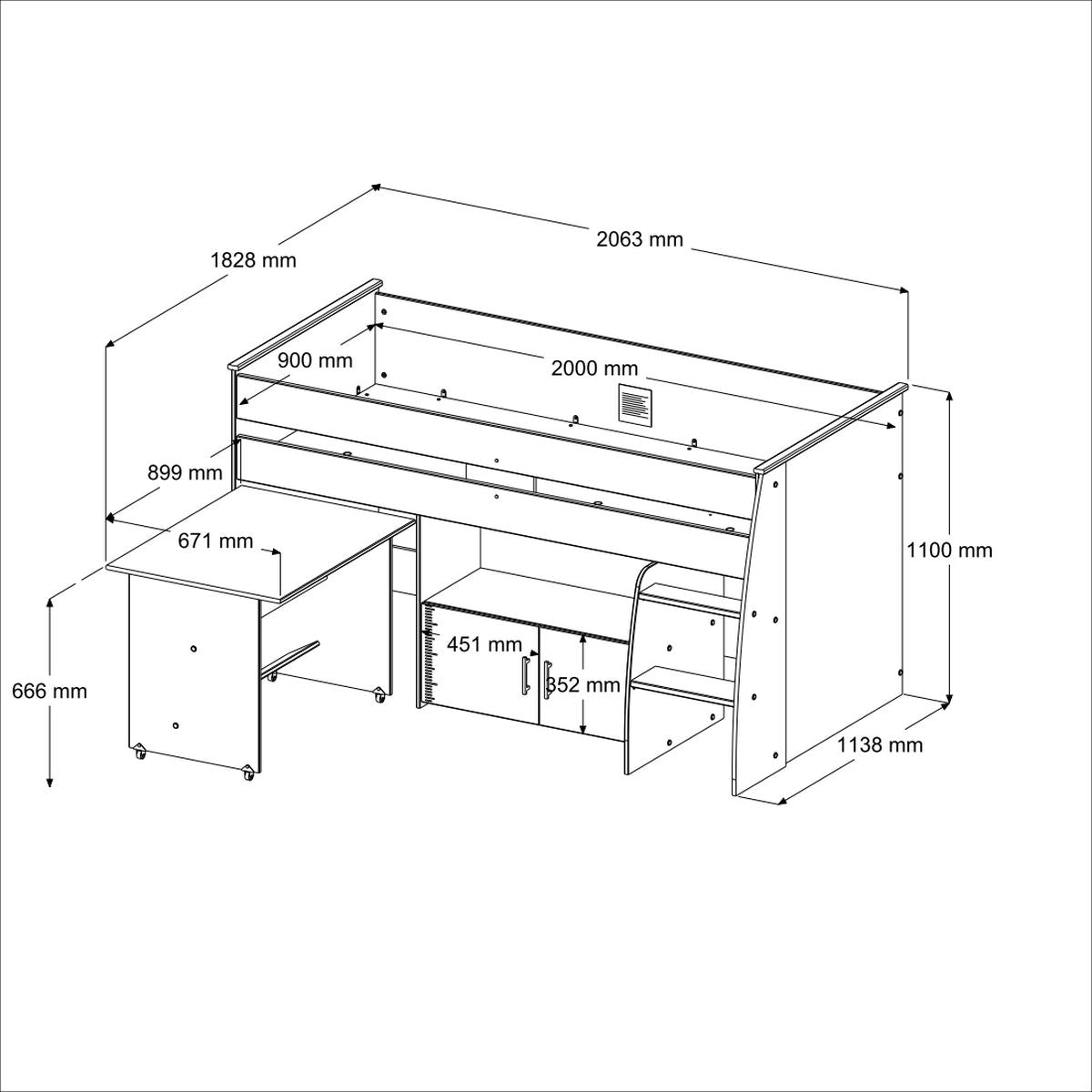 Parisot - Charly 22 | Jugendzimmer Set – Hochbett mit ausziehbarem Schreibtisch & Kleiderschrank, platzsparendes Möbel-Set mit Stauraum & Vorhang