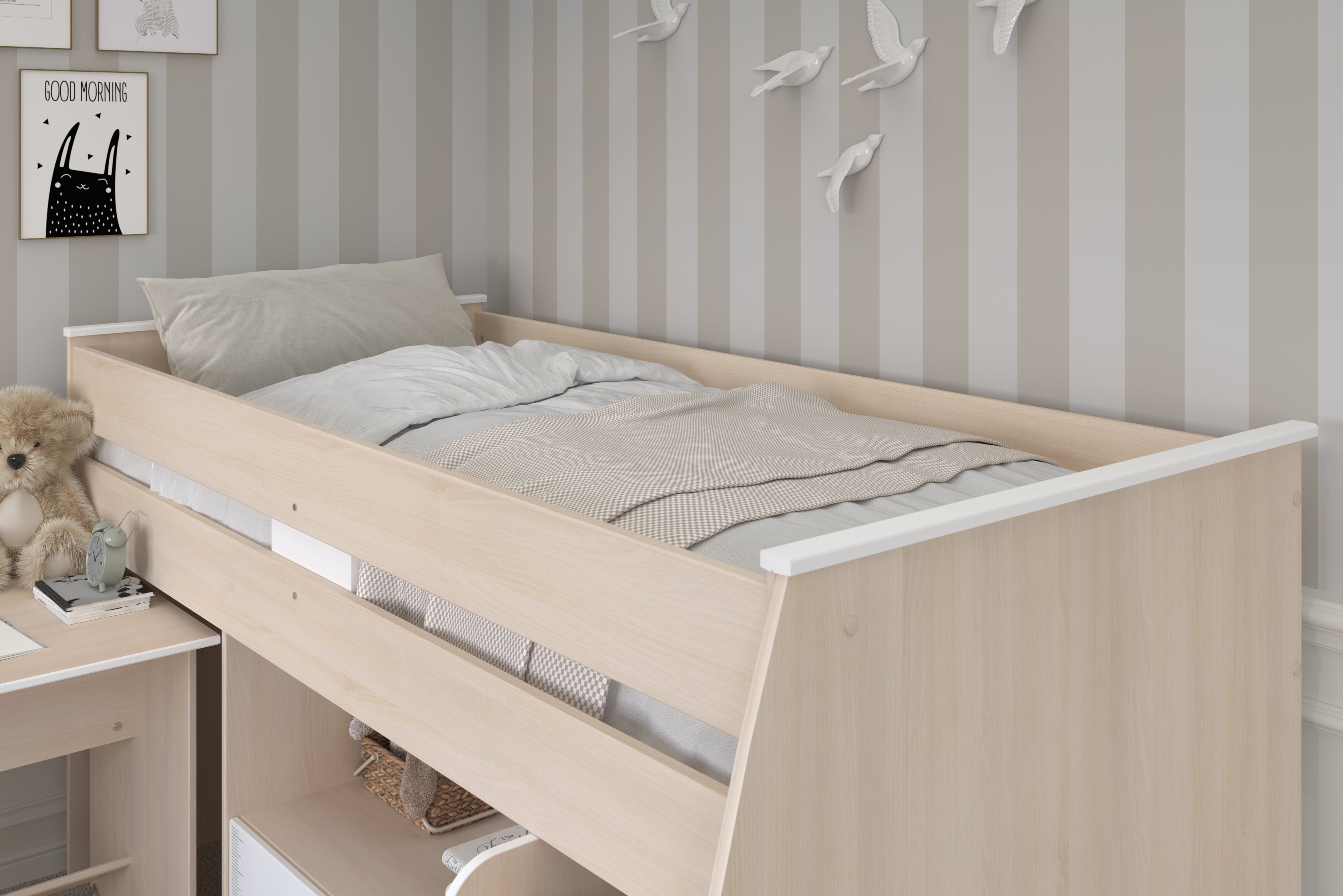 Parisot - Charly 22 | Jugendzimmer Set – Hochbett mit ausziehbarem Schreibtisch & Kleiderschrank, platzsparendes Möbel-Set mit Stauraum & Vorhang